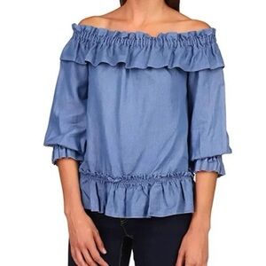 Women’s Michael Kors Chambray Denim Ruffle Off Shoulder Top Size L Summer Casual